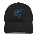 Rooted NV N Logo Nevada Dad Hat - Distressed Washed Cotton Adjustable Cap in black, front view with embroidered blue N logo and curved brim