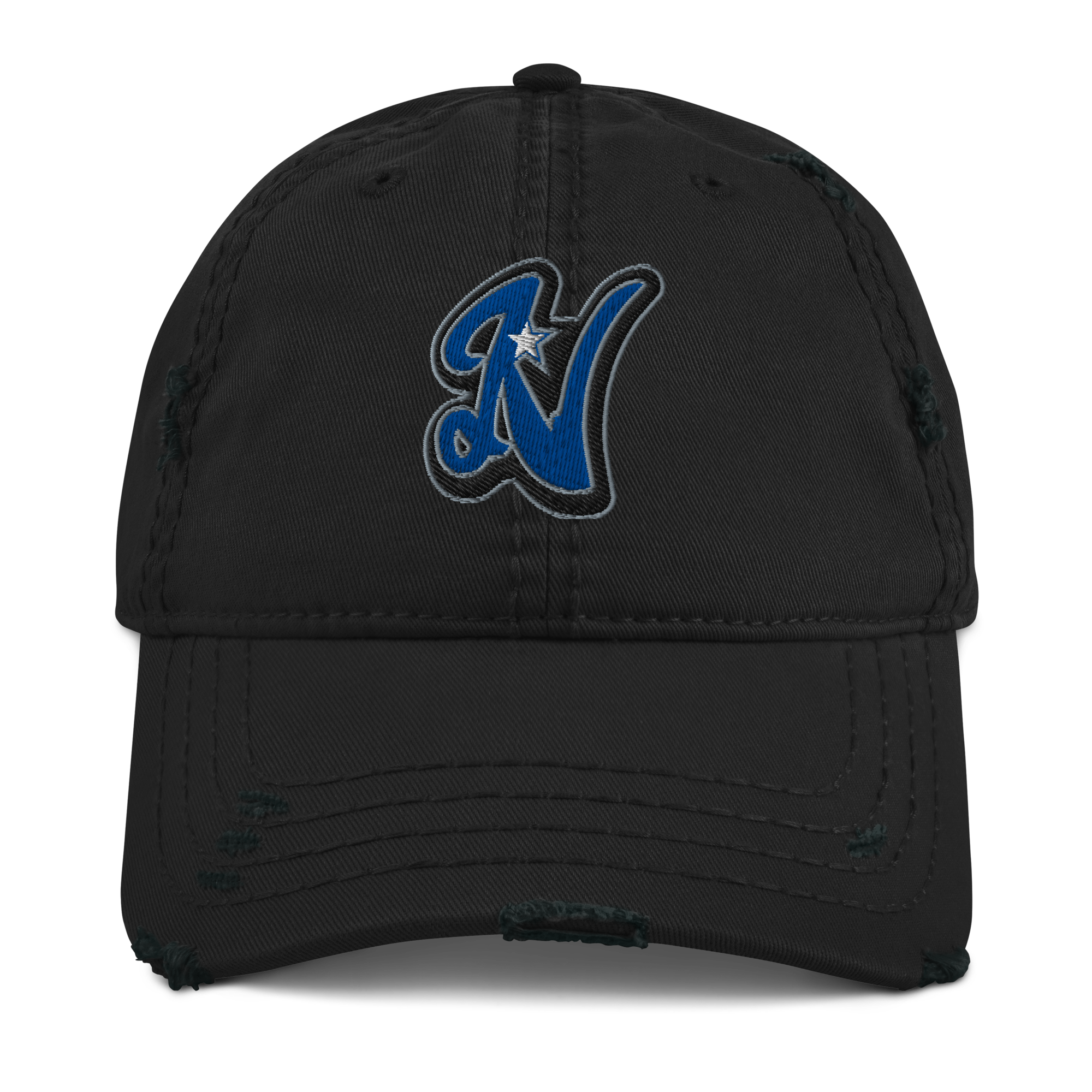 Rooted NV N Logo Nevada Dad Hat - Distressed Washed Cotton Adjustable Cap in black, front view with embroidered blue N logo and curved brim