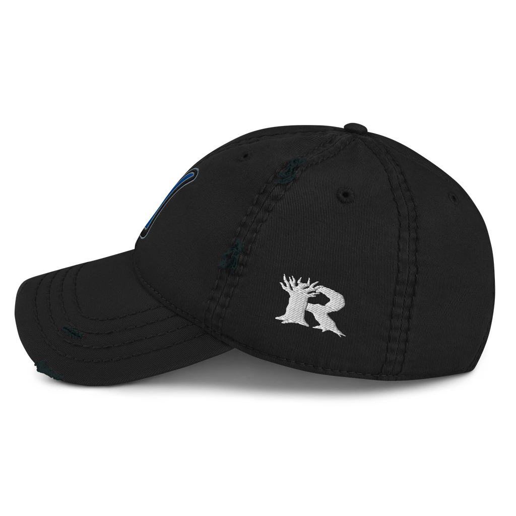 Rooted NV N Logo Nevada Dad Hat - Distressed Washed Cotton Adjustable Cap in black, side view showing vintage washed cotton texture and adjustable back