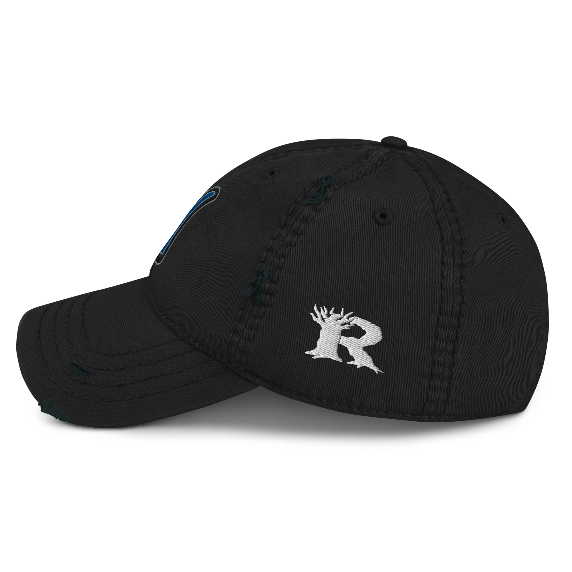 Rooted NV N Logo Nevada Dad Hat - Distressed Washed Cotton Adjustable Cap in black, side view showing vintage washed cotton texture and adjustable back