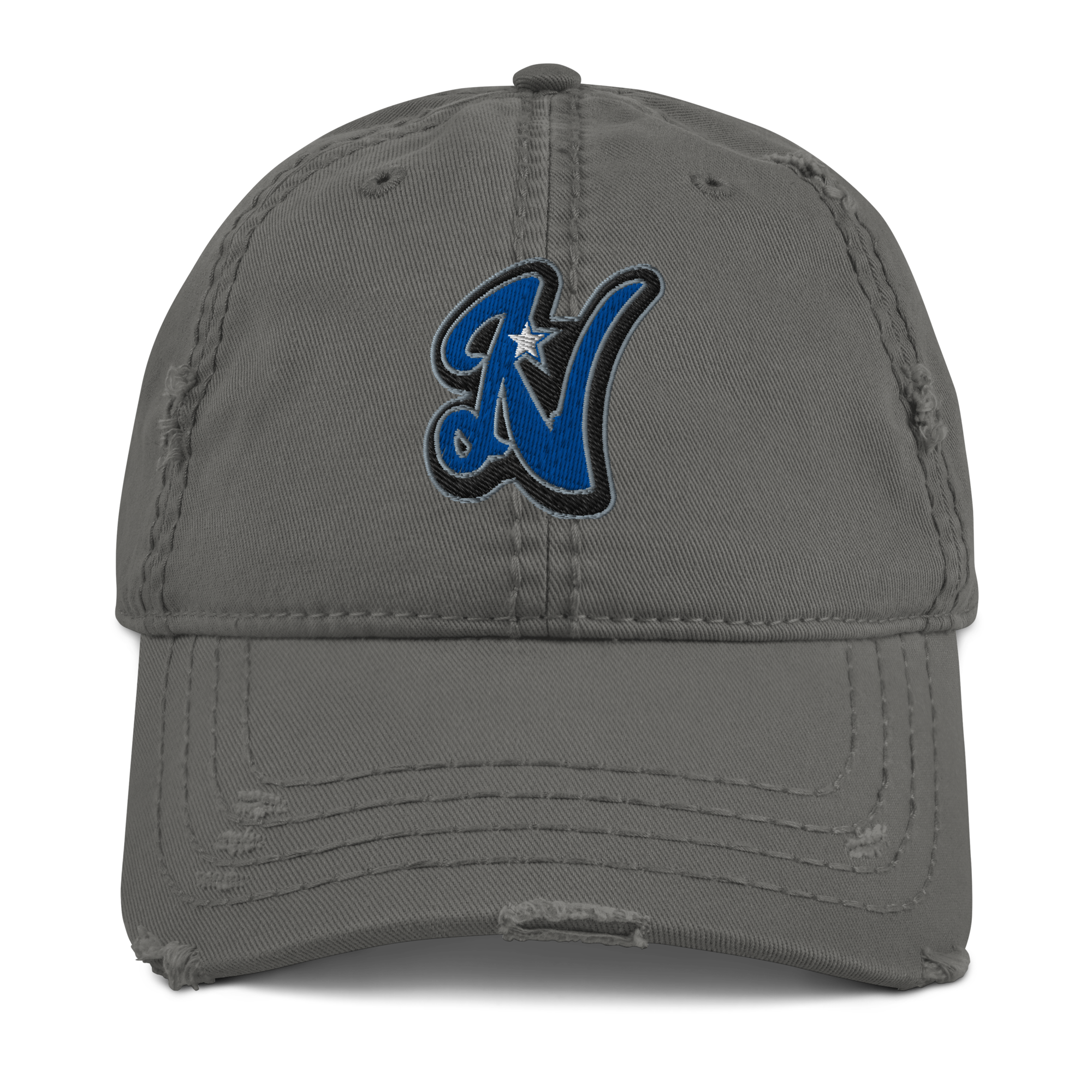 Rooted NV N Logo Nevada Dad Hat - Distressed Washed Cotton Adjustable Cap in gray, front view with embroidered blue N logo and vintage distressed finish
