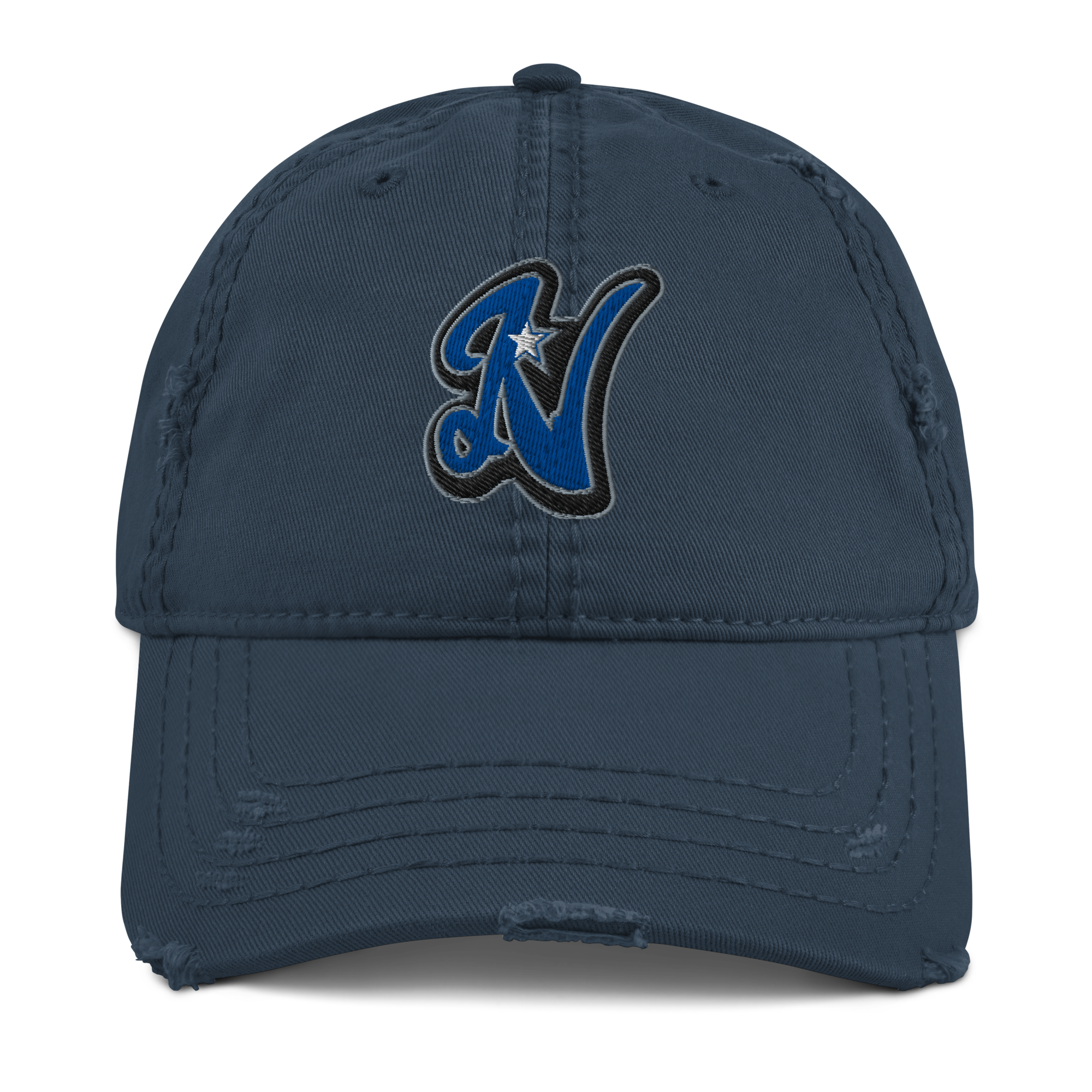 Rooted NV N Logo Nevada Dad Hat - Distressed Washed Cotton Adjustable Cap in navy blue, front view with embroidered blue N logo and distressed curved brim