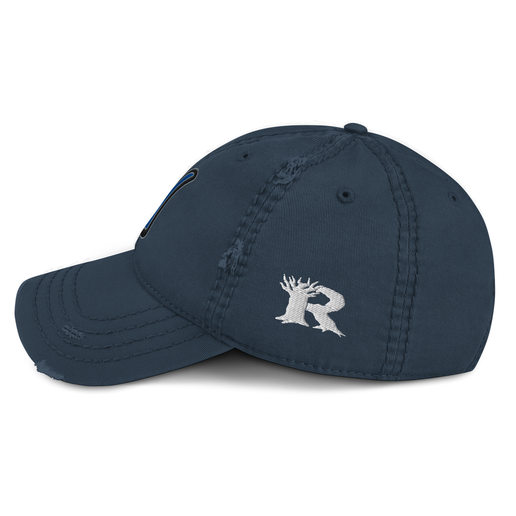 Rooted NV N Logo Nevada Dad Hat - Distressed Washed Cotton Adjustable Cap in navy blue, side view showing relaxed six-panel design and embroidered side detail
