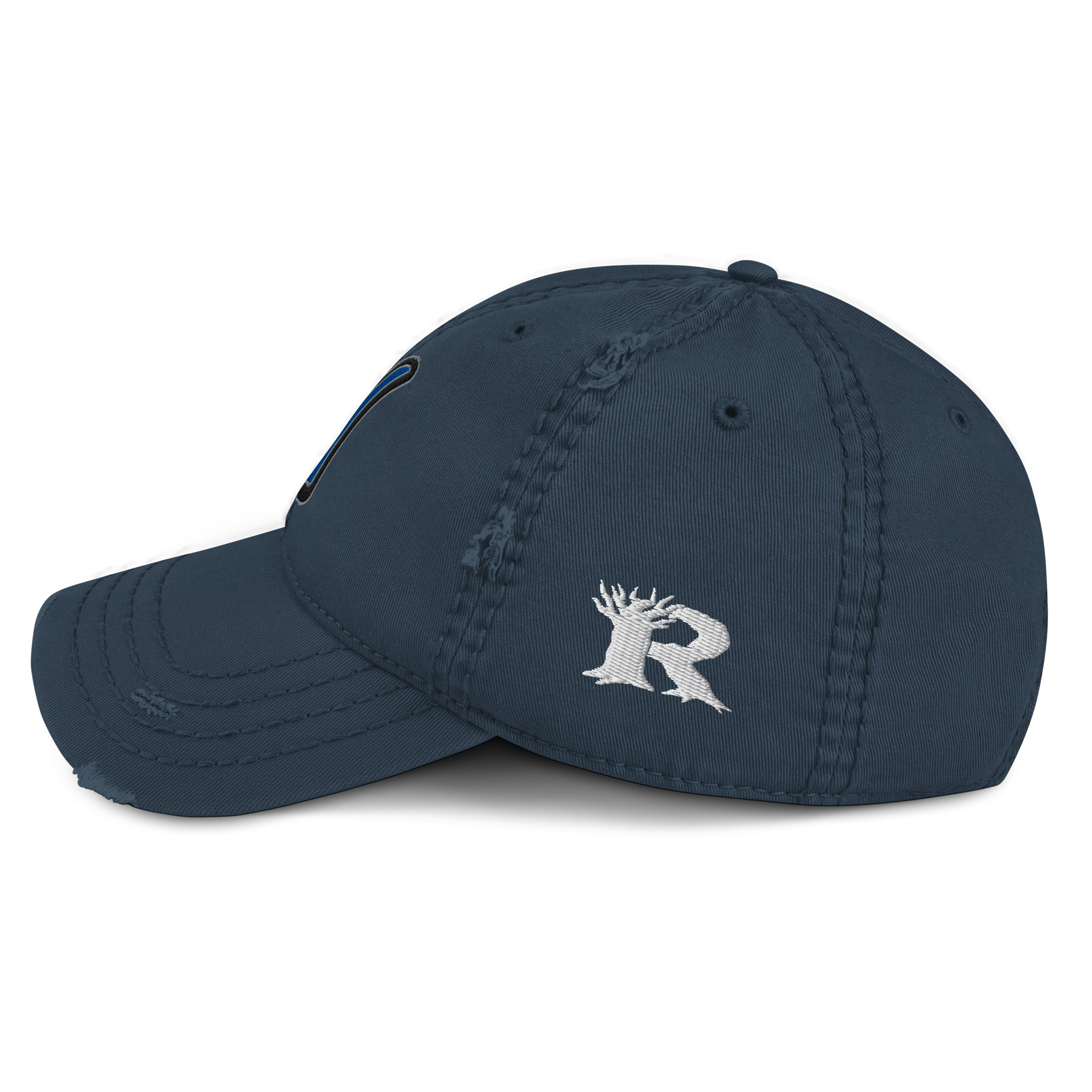 Rooted NV N Logo Nevada Dad Hat - Distressed Washed Cotton Adjustable Cap in navy blue, side view showing relaxed six-panel design and embroidered side detail
