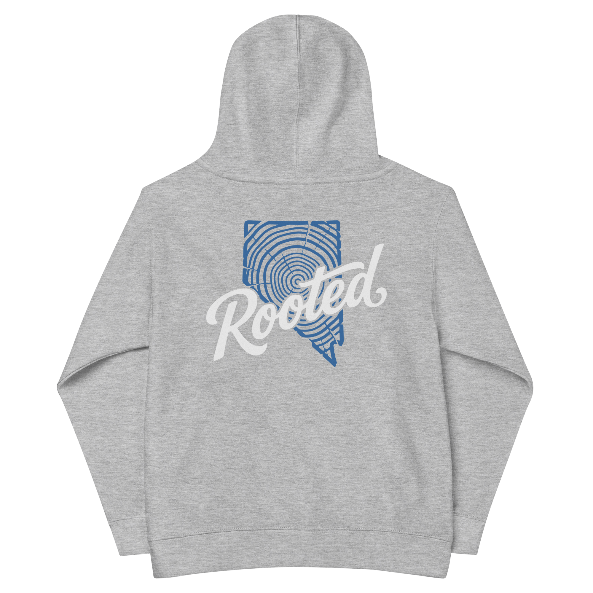 Youth Rooted Tree Rings Graphic Hoodie - Soft Unisex Fleece Pullover shown from the front with a distinctive rooted tree rings graphic