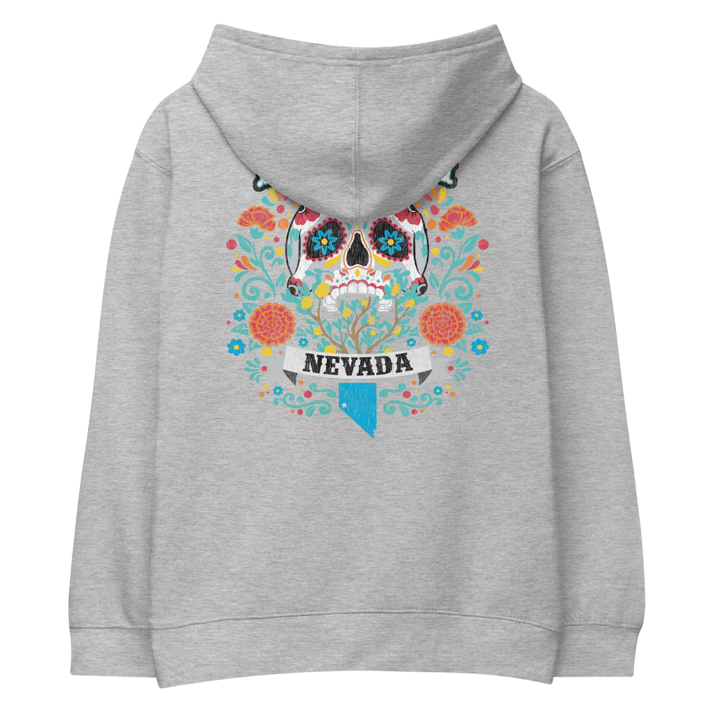 Youth Nevada Day of the Dead Fleece Pullover Hoodie in heather gray, back view featuring colorful sugar skull, flowers, and Nevada graphic