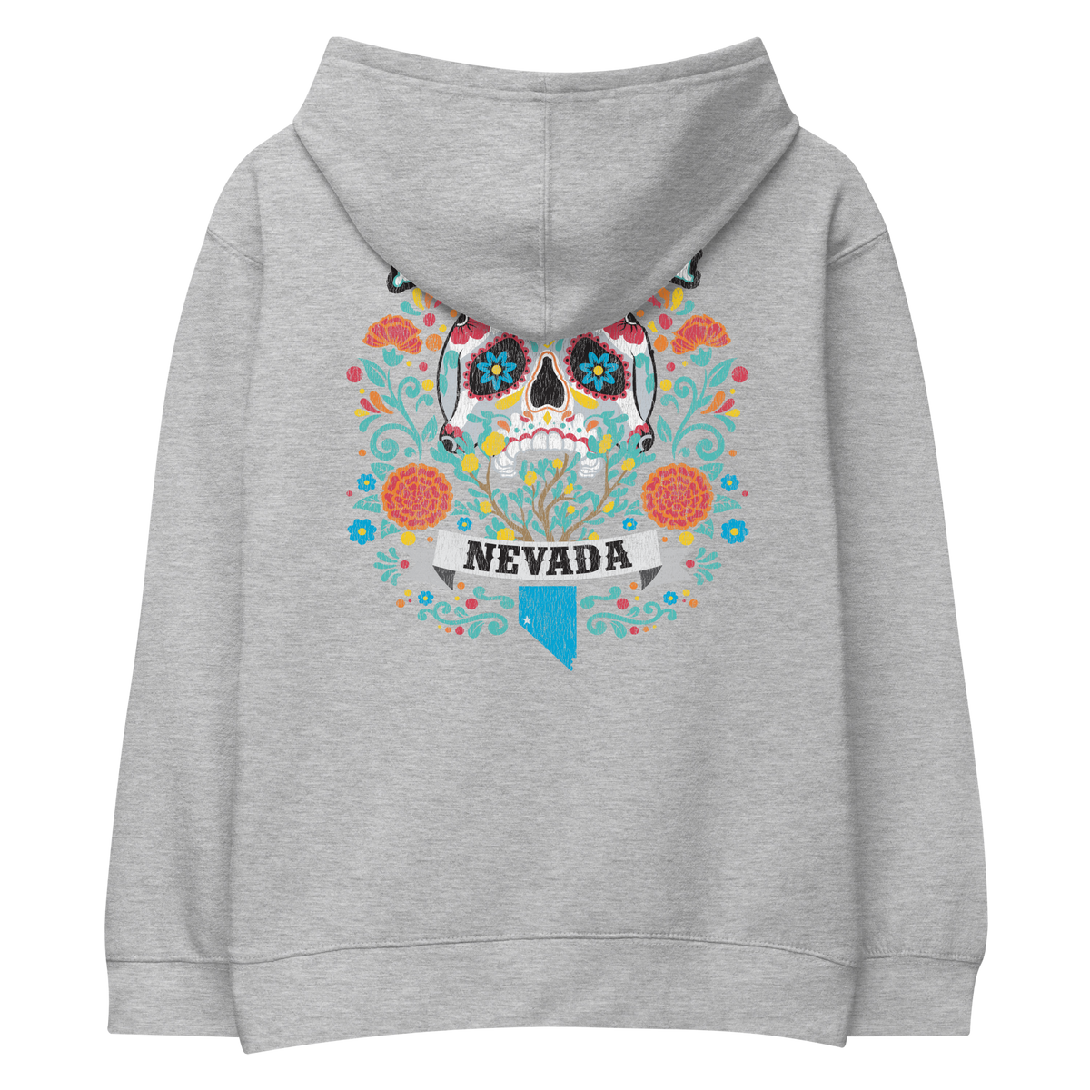 Youth Nevada Day of the Dead Fleece Pullover Hoodie in heather gray, back view featuring colorful sugar skull, flowers, and Nevada graphic