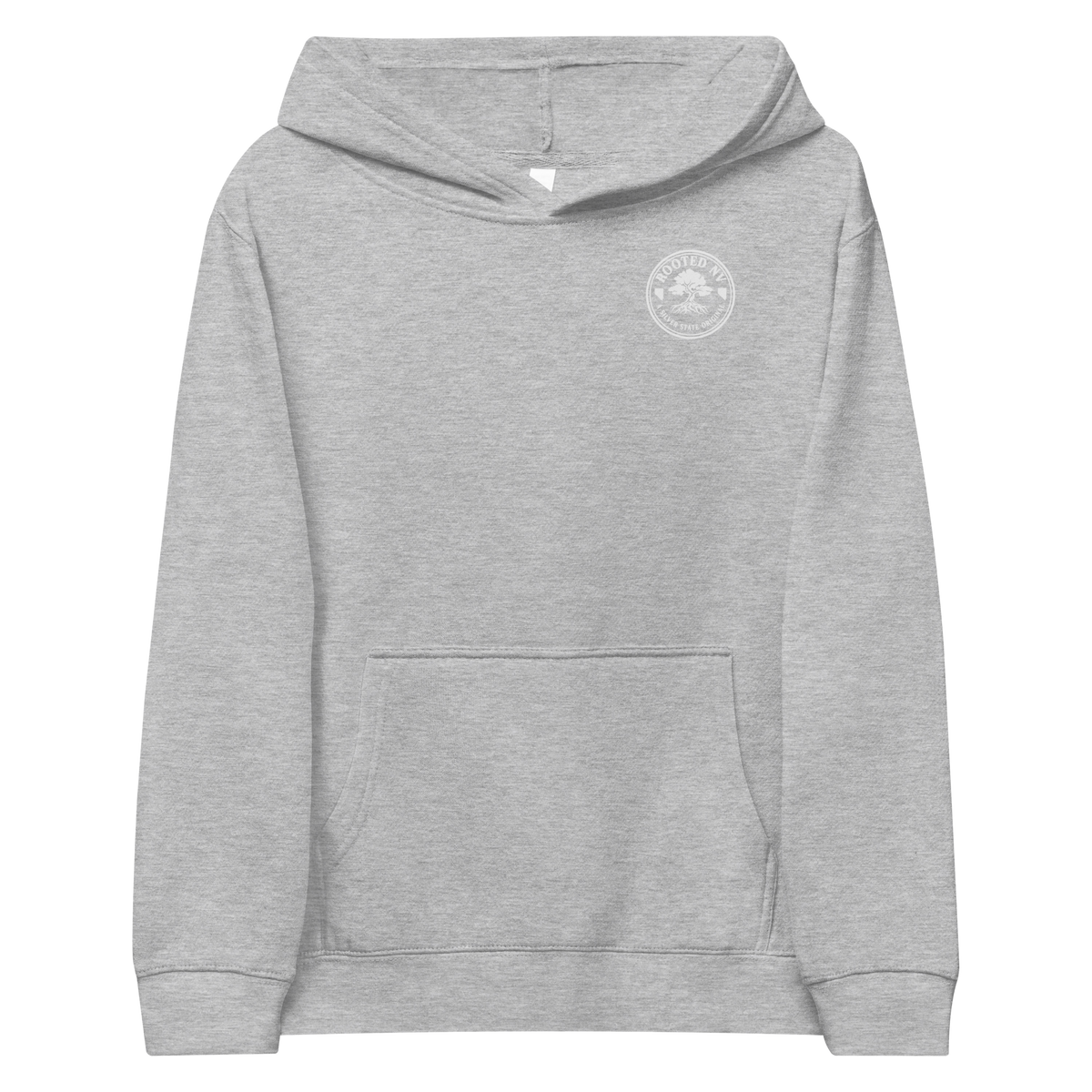 Youth Nevada Day of the Dead Fleece Pullover Hoodie in heather gray, front view with small chest emblem and kangaroo pocket