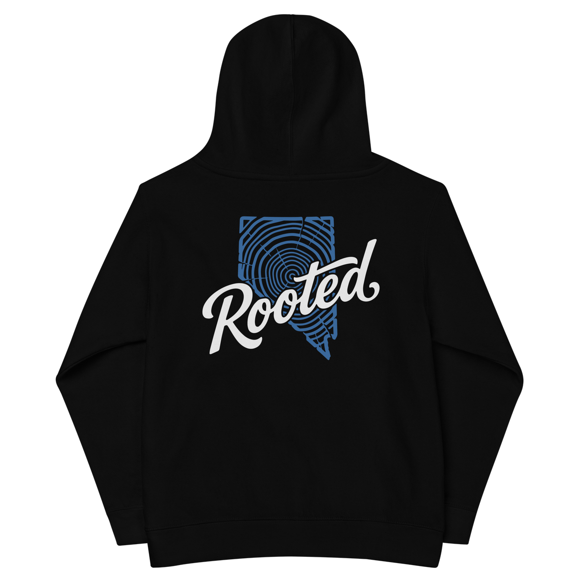 Youth Rooted Tree Rings Graphic Hoodie - Soft Unisex Fleece Pullover highlighting the soft fabric, hood, and relaxed fit
