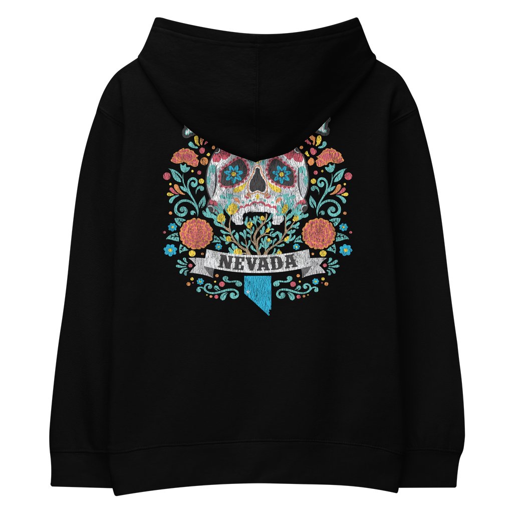 Youth Nevada Day of the Dead Fleece Pullover Hoodie in black, back view featuring colorful sugar skull, flowers, and Nevada graphic