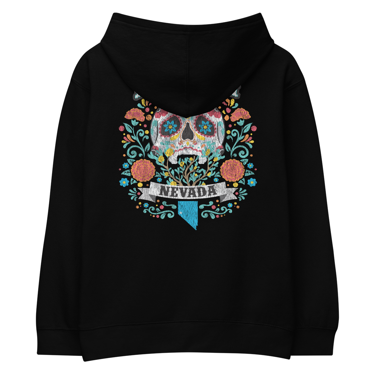 Youth Nevada Day of the Dead Fleece Pullover Hoodie in black, back view featuring colorful sugar skull, flowers, and Nevada graphic