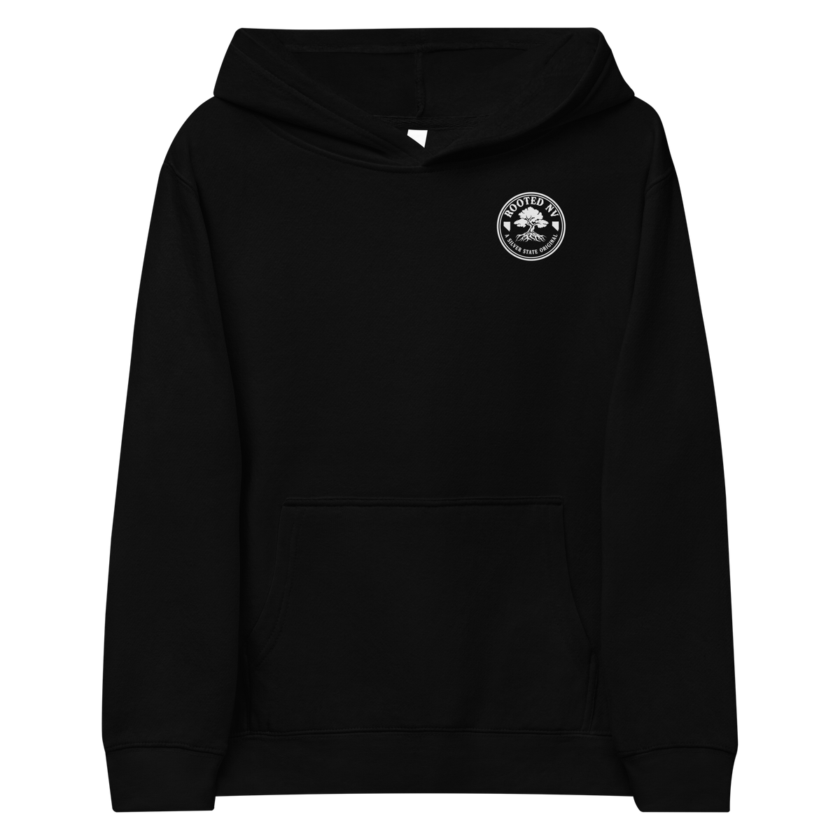Youth Nevada Day of the Dead Fleece Pullover Hoodie in black, front view with small chest emblem and kangaroo pocket