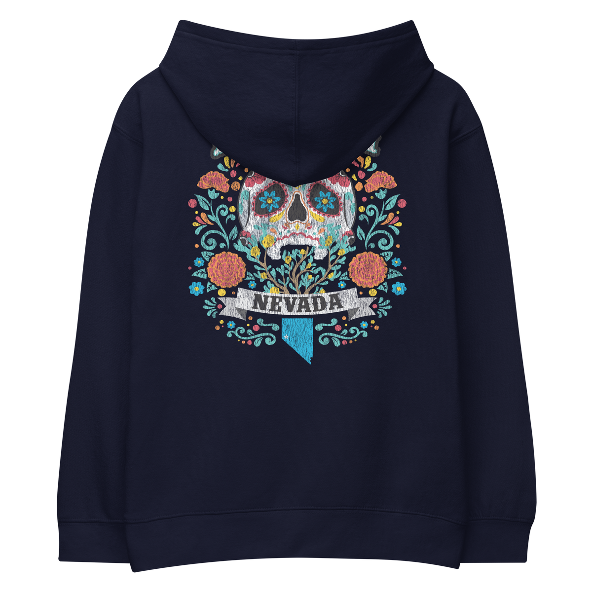 Youth Nevada Day of the Dead Fleece Pullover Hoodie in navy, back view featuring colorful sugar skull, flowers, and Nevada graphic