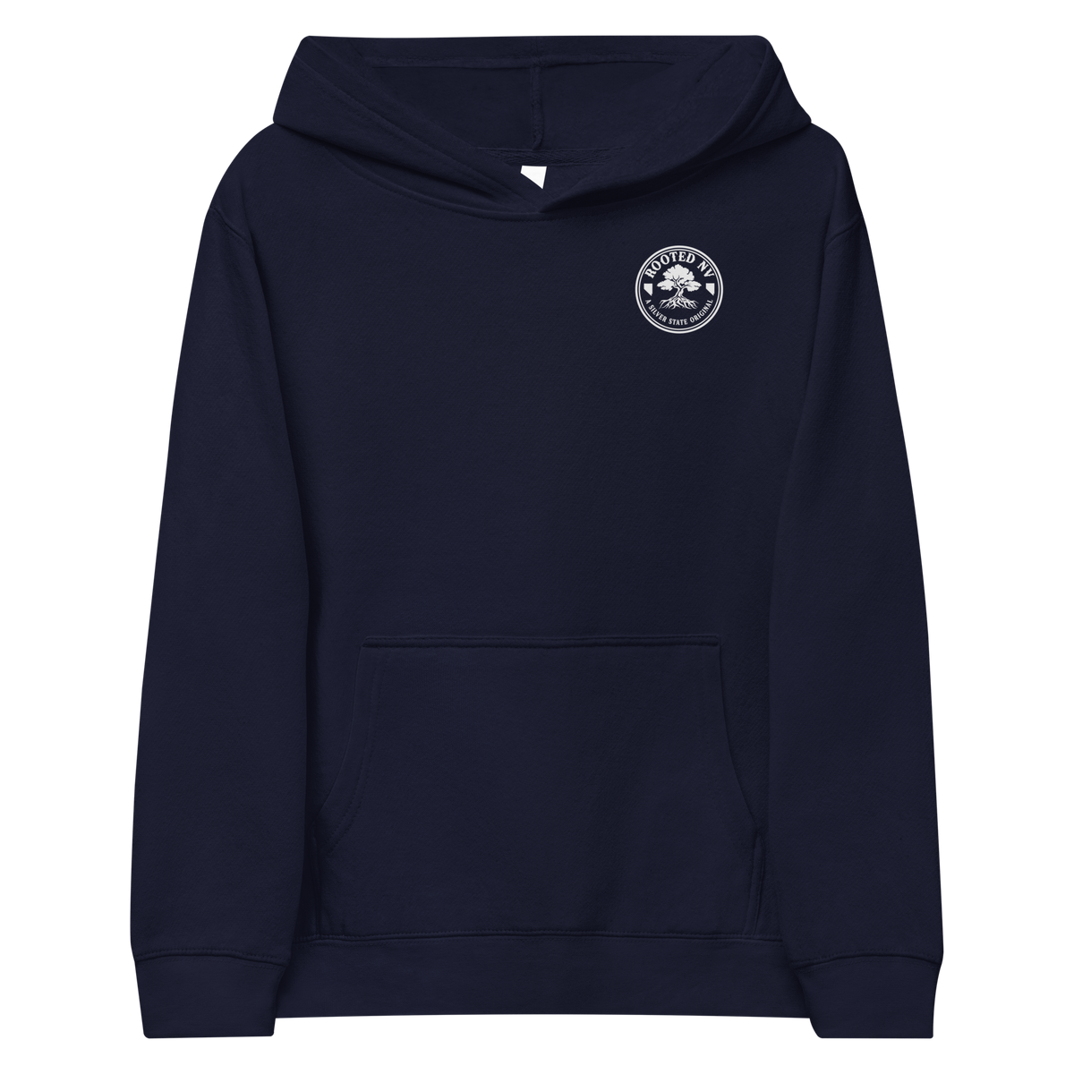 Youth Nevada Day of the Dead Fleece Pullover Hoodie in navy, front view with small chest emblem and kangaroo pocket