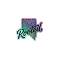 Nevada Rooted Tree Ring Durable Holographic Decal featuring a colorful holographic tree ring design and Rooted lettering; Rooted Nevada Tree Ring Holographic Decal for indoor use