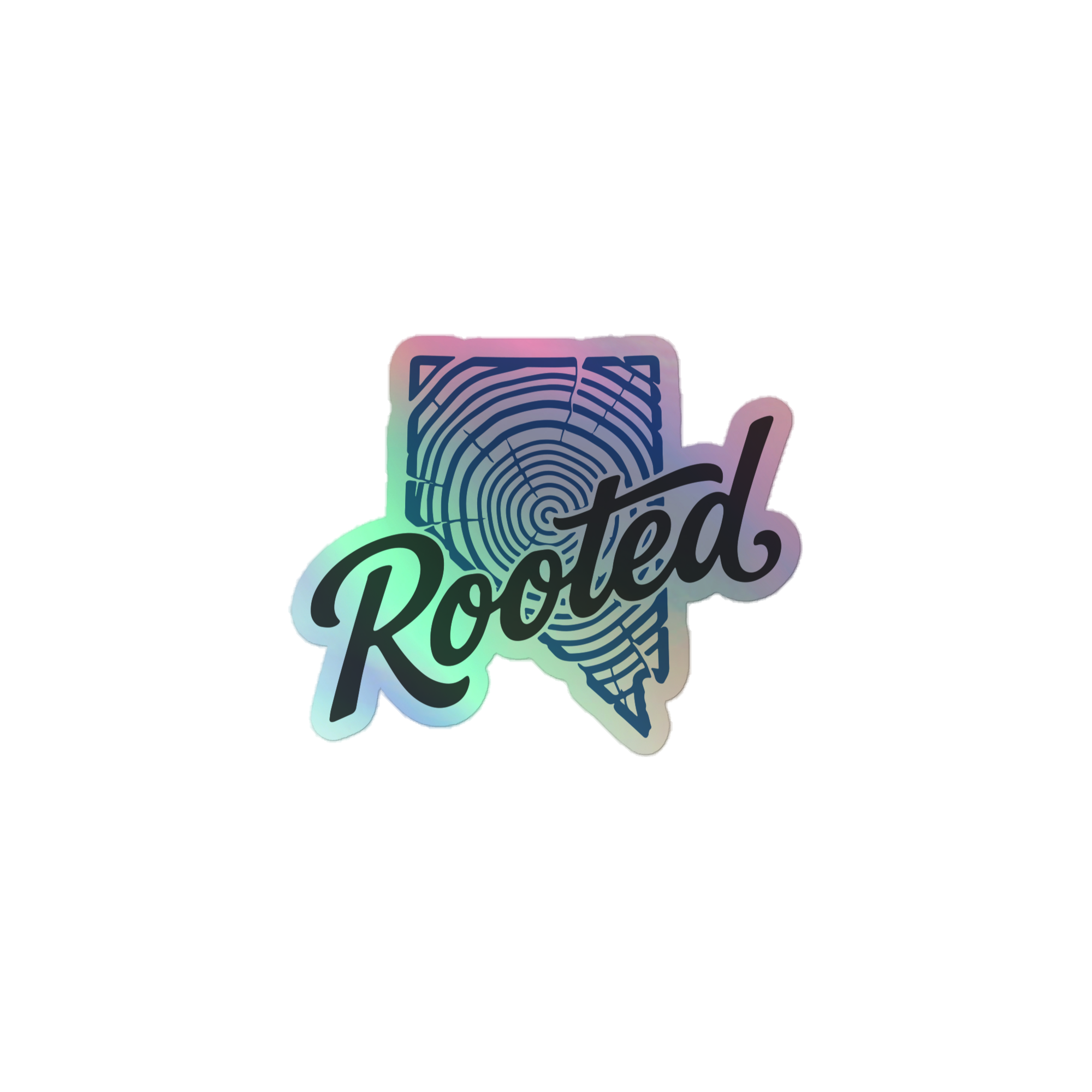 Nevada Rooted Tree Ring Durable Holographic Decal featuring a colorful holographic tree ring design and Rooted lettering; Rooted Nevada Tree Ring Holographic Decal for indoor use