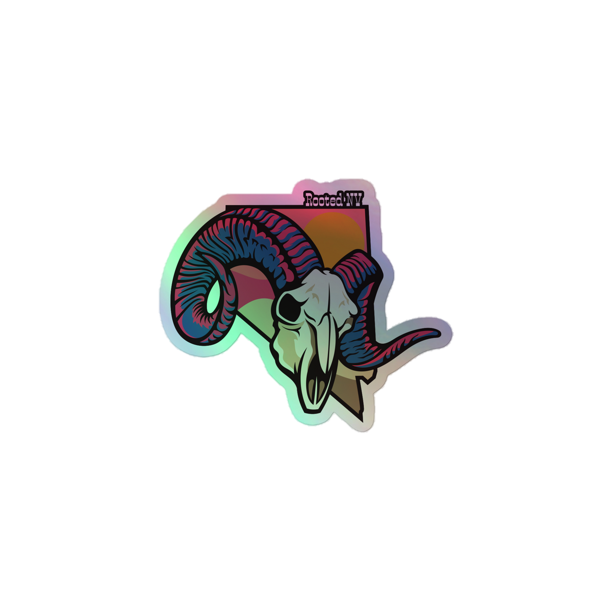 Neon Nevada Bighorn Durable Holographic Decal featuring a colorful bighorn sheep skull and curved horns in a Nevada-shaped design
