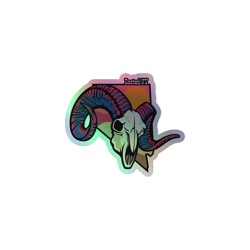 Neon Nevada Bighorn Durable Holographic Decal featuring a colorful bighorn sheep skull and curved horns in a Nevada-shaped design