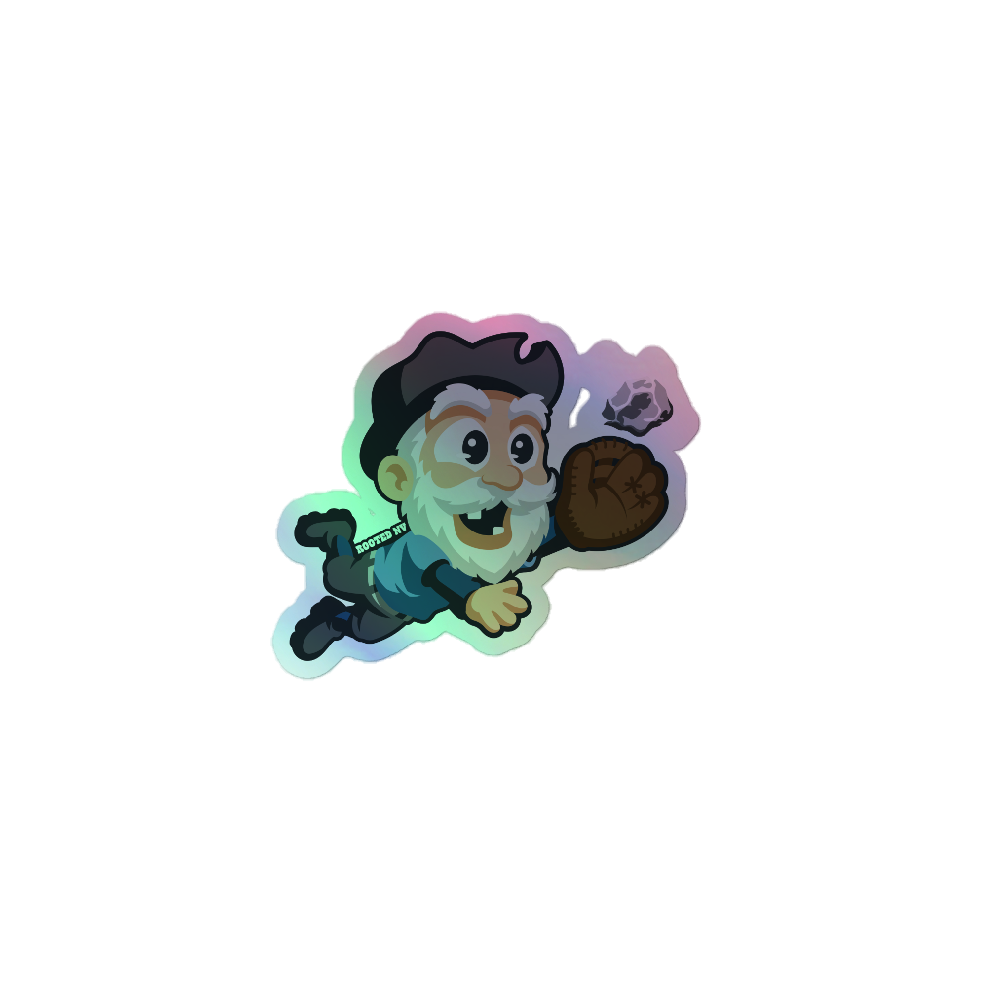 Nevada Claim Jumper Durable Holographic Decal featuring a colorful cartoon prospector mascot holding a gold nugget; Nevada Claim Jumper Holographic Decal product view