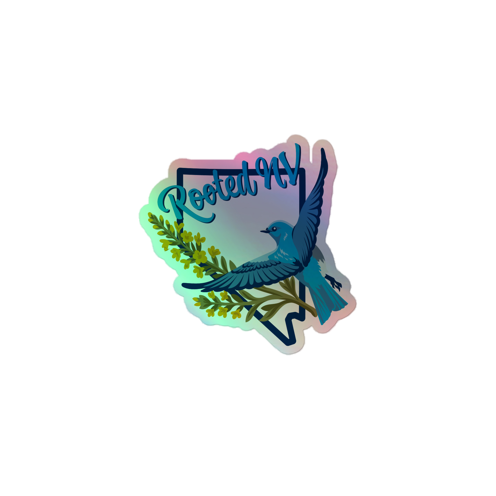 Nevada Bluebird Durable Holographic Decal featuring a colorful bluebird in flight, desert flowers, and Rooted NV branding; Nevada Bluebird Holographic Decal sticker close-up