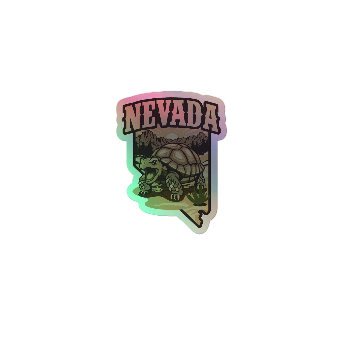 Nevada Desert Tortoise Durable Holographic Decal featuring a desert tortoise, Nevada landscape, and colorful holographic finish — Nevada Desert Holographic Decal.