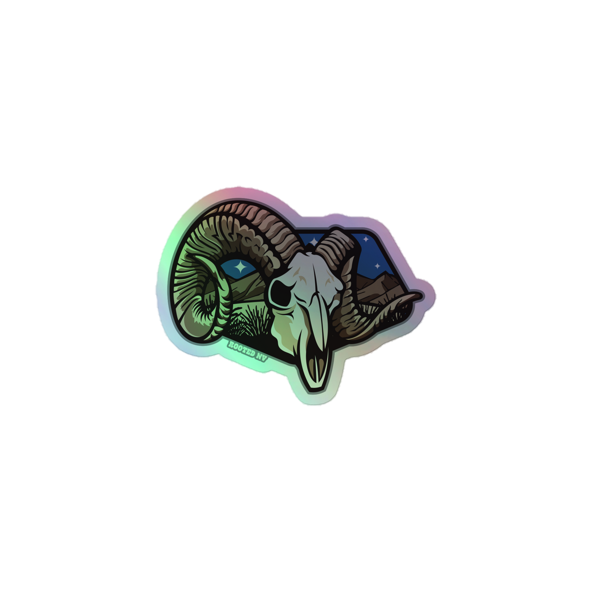 Nevada Desert Bighorn Durable Holographic Decal featuring a detailed bighorn sheep skull and desert landscape design.