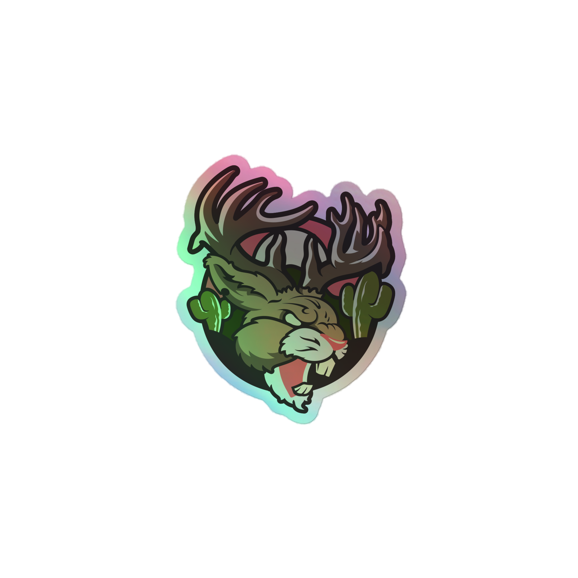 Nevada Jackalope Durable Holographic Decal featuring a colorful jackalope and cactus design; Nevada Jackalope Holographic Decal for indoor decoration.