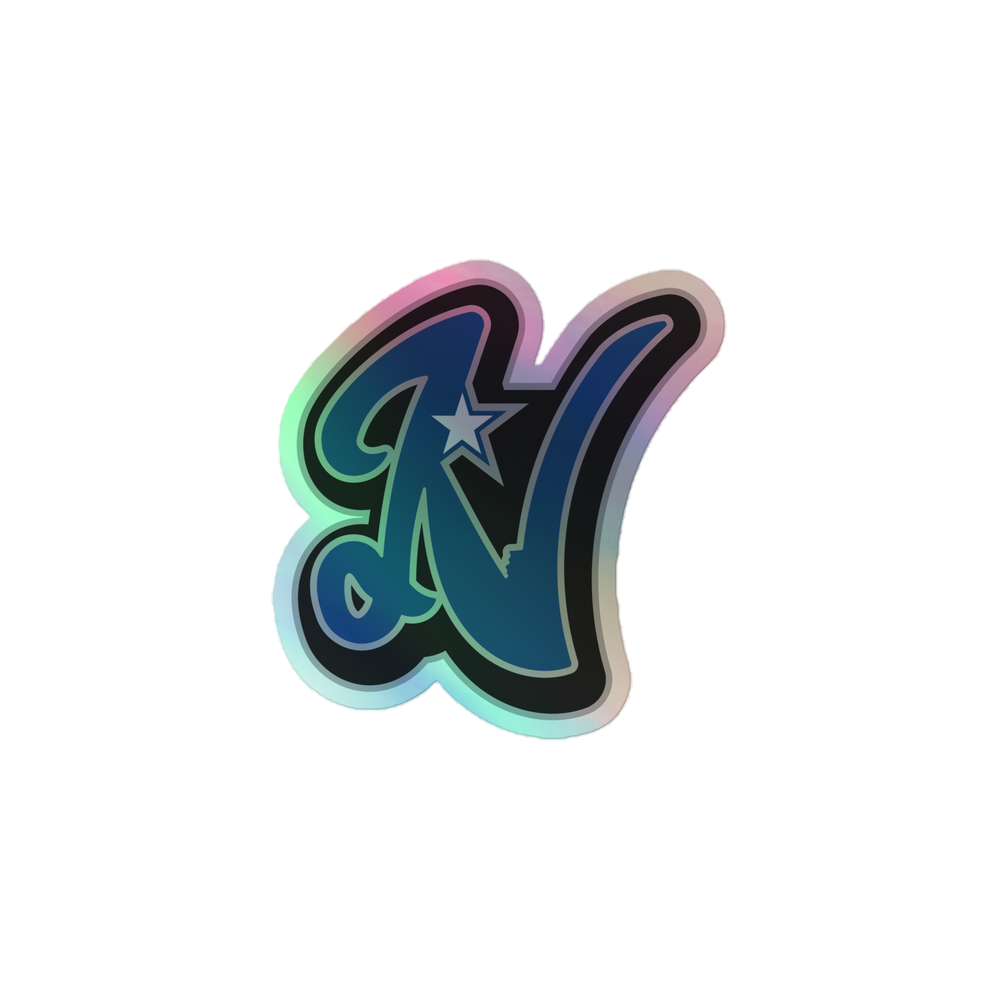 Rooted N Logo Durable Holographic Decal featuring a reflective holographic finish and bold Rooted N logo.