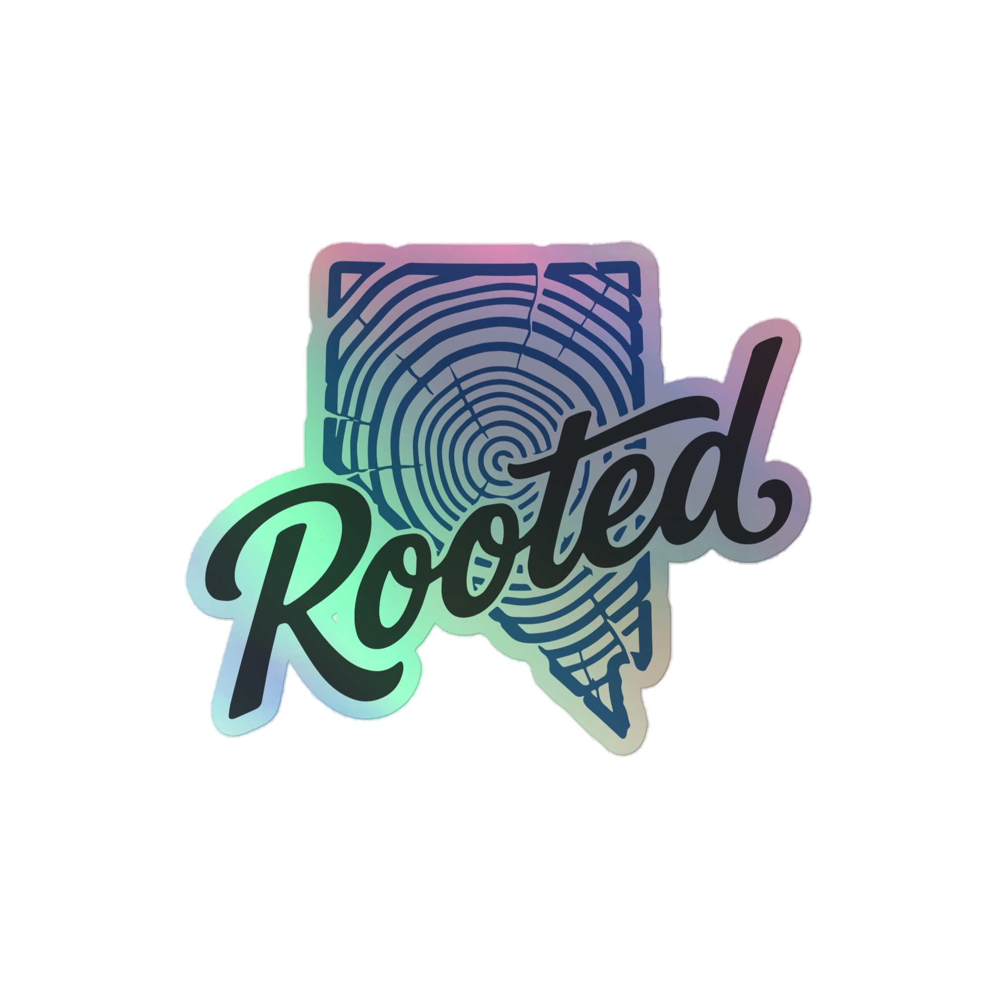 Nevada Rooted Tree Ring Durable Holographic Decal shown in a vibrant holographic finish with detailed tree rings and Rooted logo; Rooted Nevada Tree Ring Holographic Decal