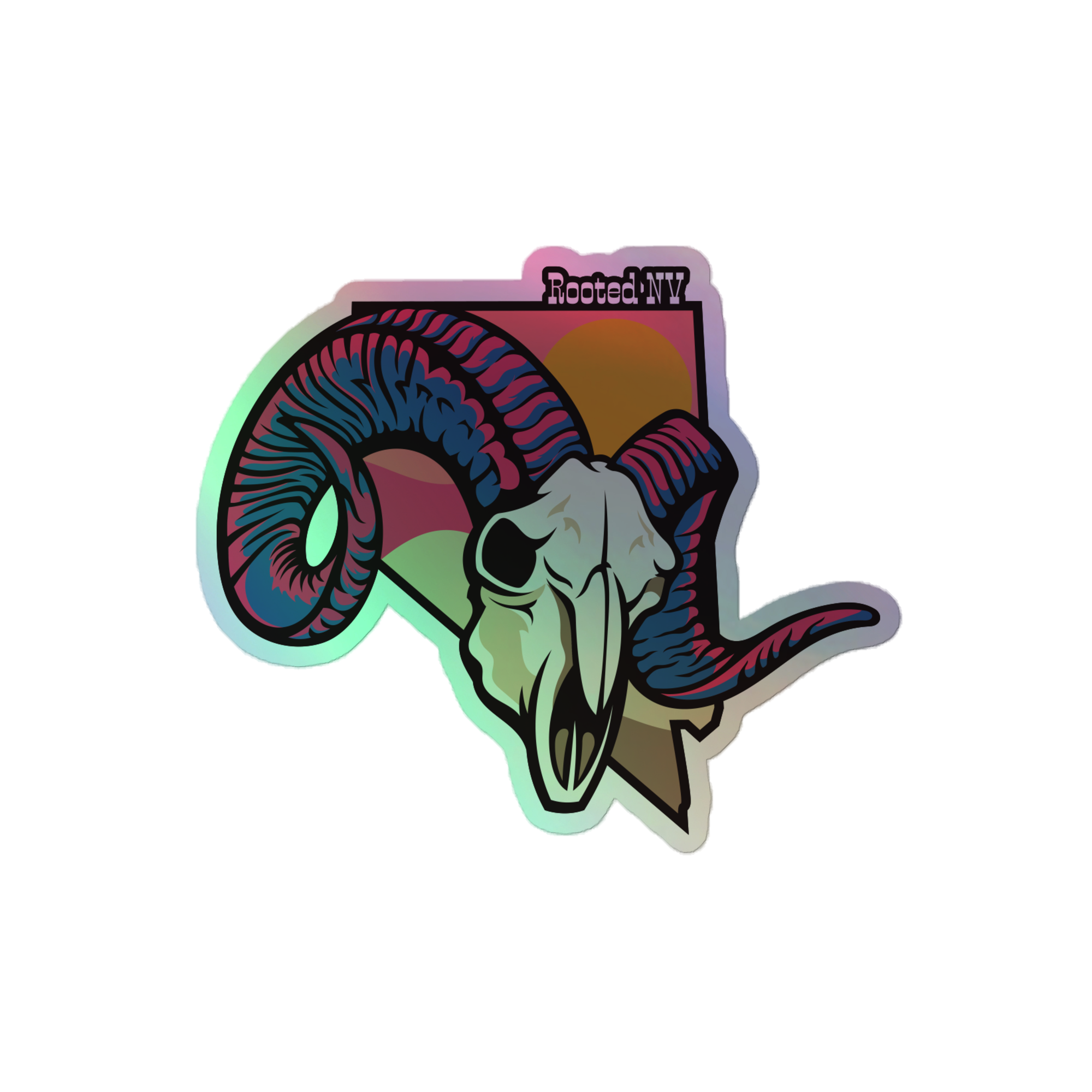 Neon Nevada Bighorn Durable Holographic Decal close-up showing the vibrant bighorn sheep skull, horns, and shimmering holographic finish