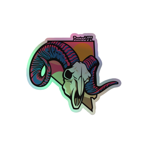 Neon Nevada Bighorn Durable Holographic Decal close-up showing the vibrant bighorn sheep skull, horns, and shimmering holographic finish