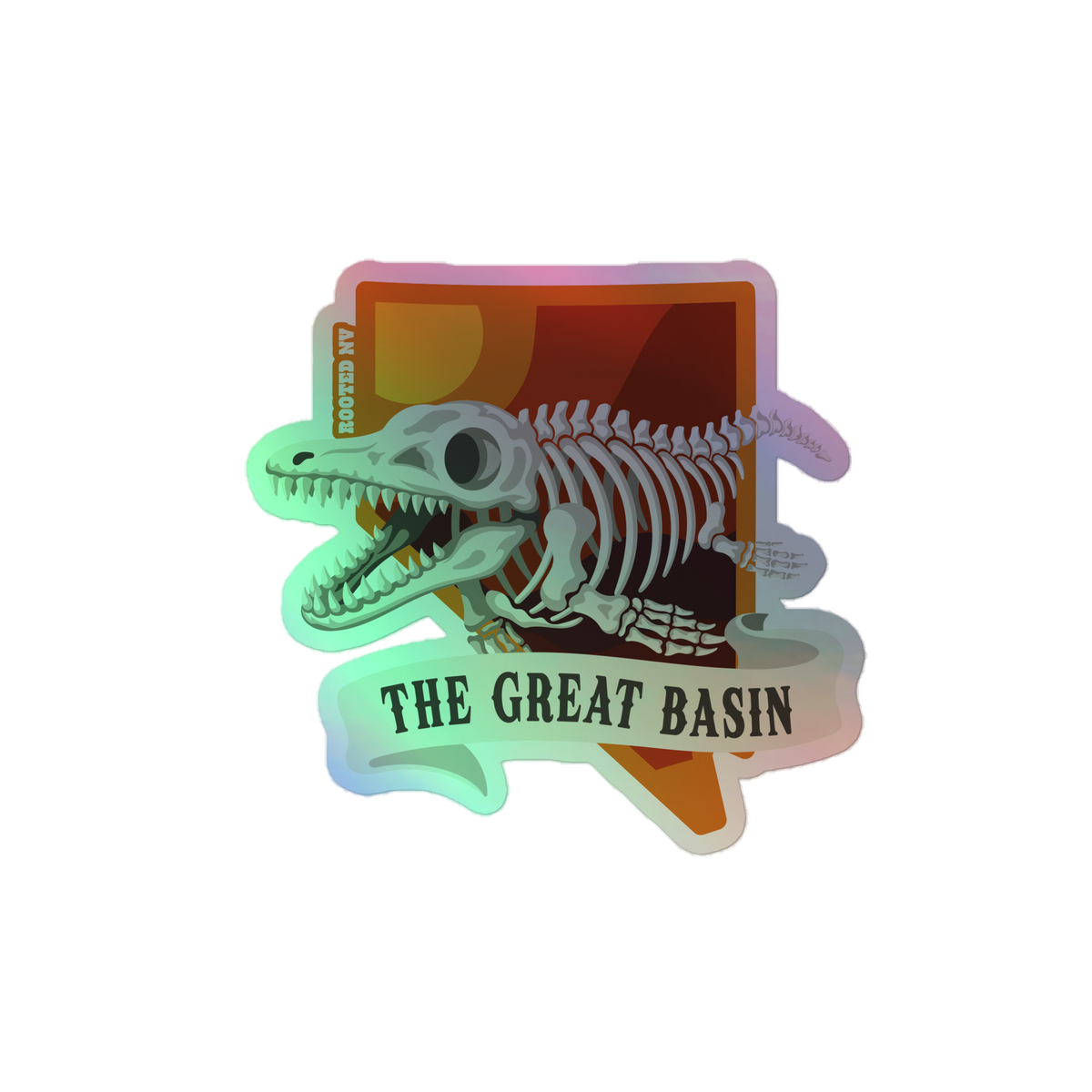 Nevada Ichthyosaur Fossil Durable Holographic Decal showcasing a fierce fossilized ichthyosaur skeleton, Great Basin banner, and eye-catching holographic finish; Nevada Ichthyosaur Fossil Holographic Decal.