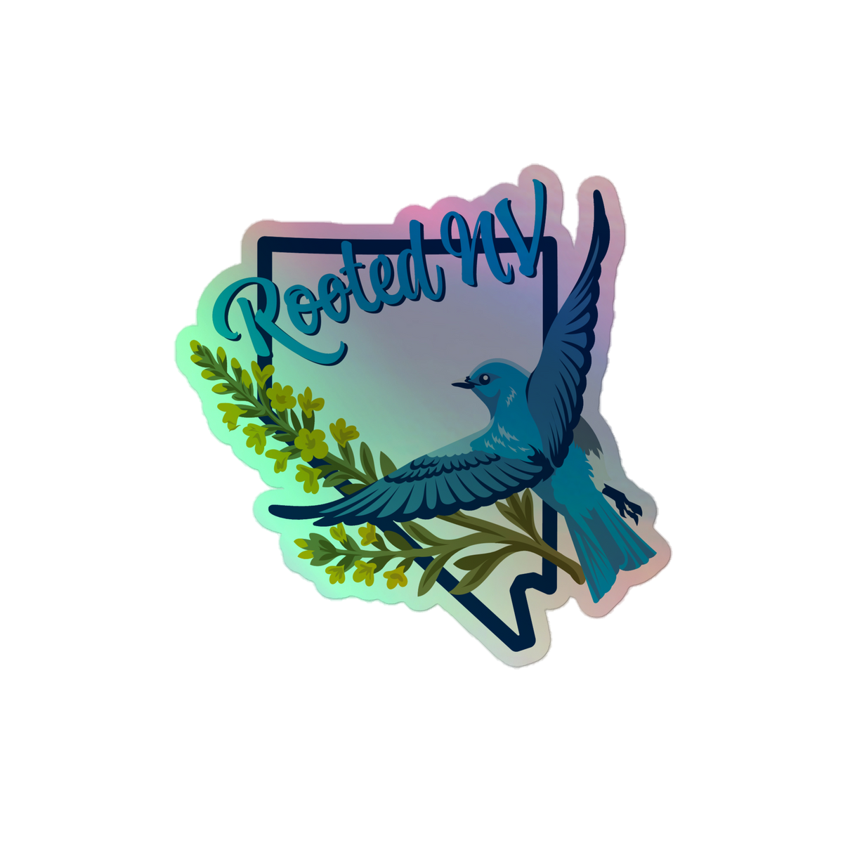 Nevada Bluebird Durable Holographic Decal with a bluebird, flowering branches, and shimmering holographic finish; Nevada Bluebird Holographic Decal product view