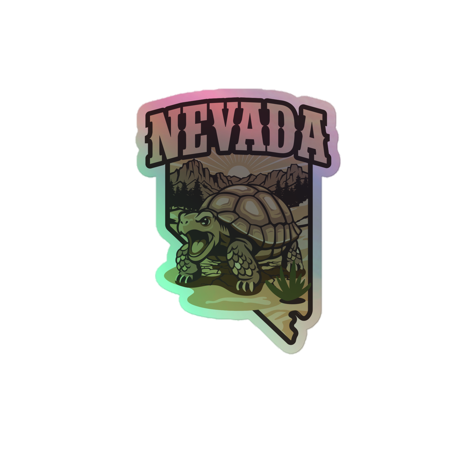 Close-up of the Nevada Desert Tortoise Durable Holographic Decal showing a detailed tortoise, mountain scenery, and reflective holographic colors — Nevada Desert Holographic Decal.