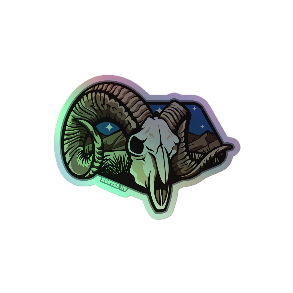Nevada Desert Bighorn Holographic Decal, a durable vinyl sticker showcasing a bold bighorn sheep skull, mountain scenery, and colorful holographic finish.