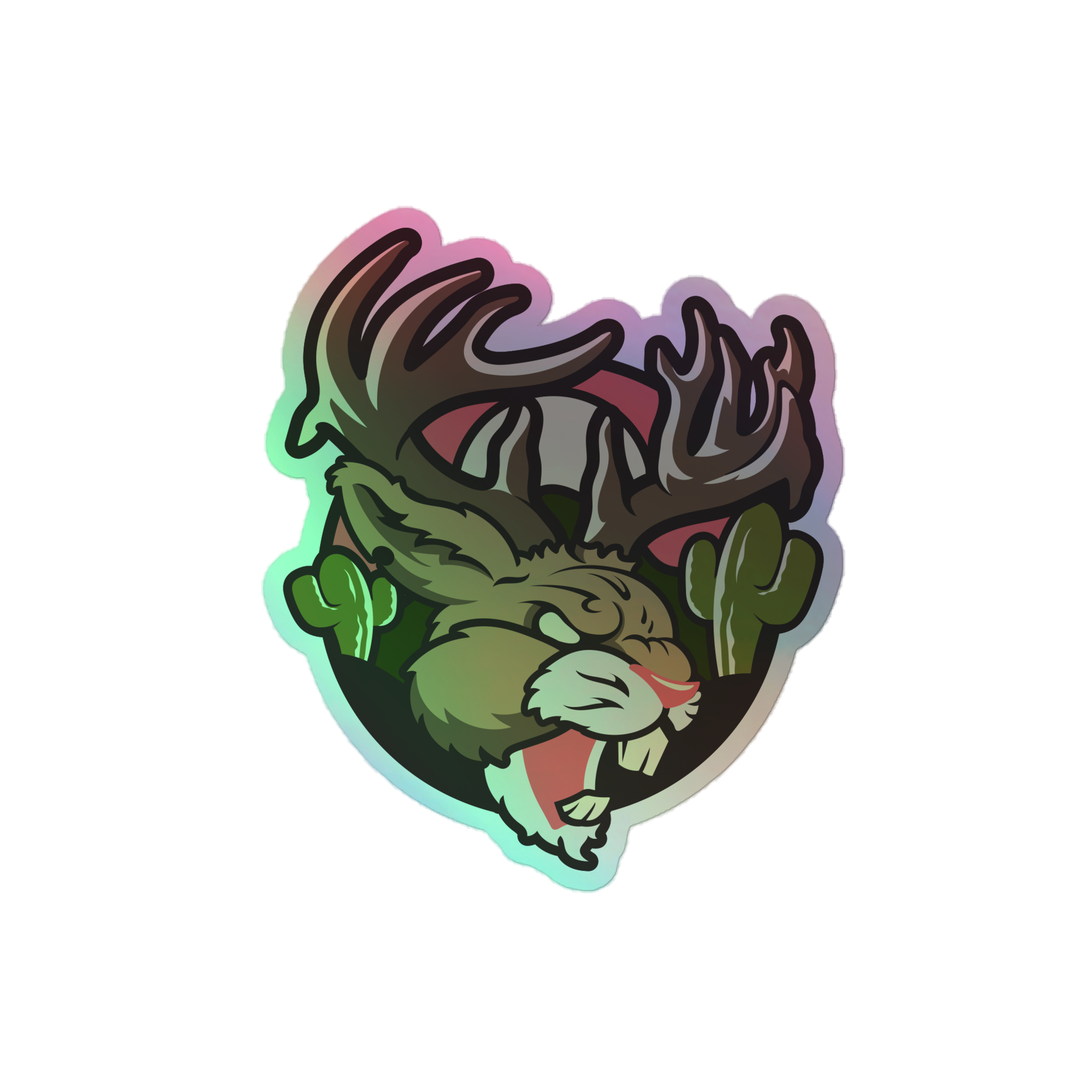 Nevada Jackalope Durable Holographic Decal shown in a detailed holographic jackalope sticker design with desert cactus accents; Nevada Jackalope Holographic Decal.