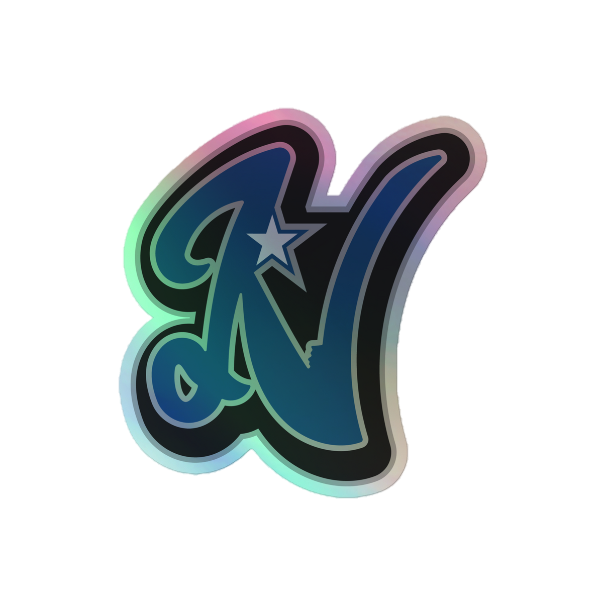 Rooted N Logo Durable Holographic Decal featuring a reflective holographic finish and bold Rooted N logo.