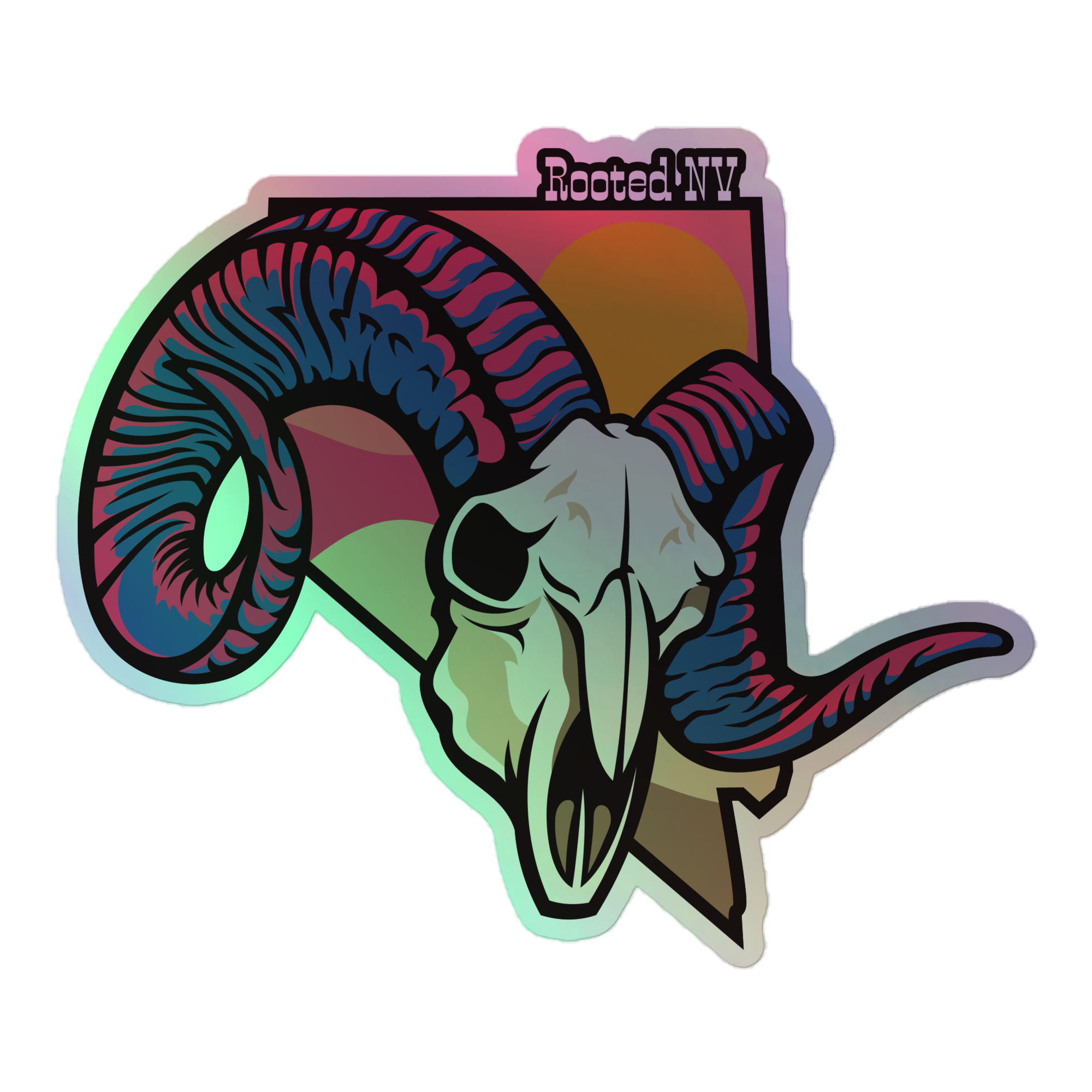 Neon Nevada Bighorn Durable Holographic Decal detailed view with bold neon colors, bighorn sheep skull artwork, and reflective vinyl finish