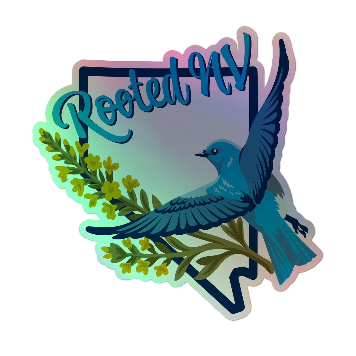 Close-up of the Nevada Bluebird Durable Holographic Decal showing a detailed bluebird, Nevada-inspired floral design, and colorful holographic effect; Nevada Bluebird Holographic Decal