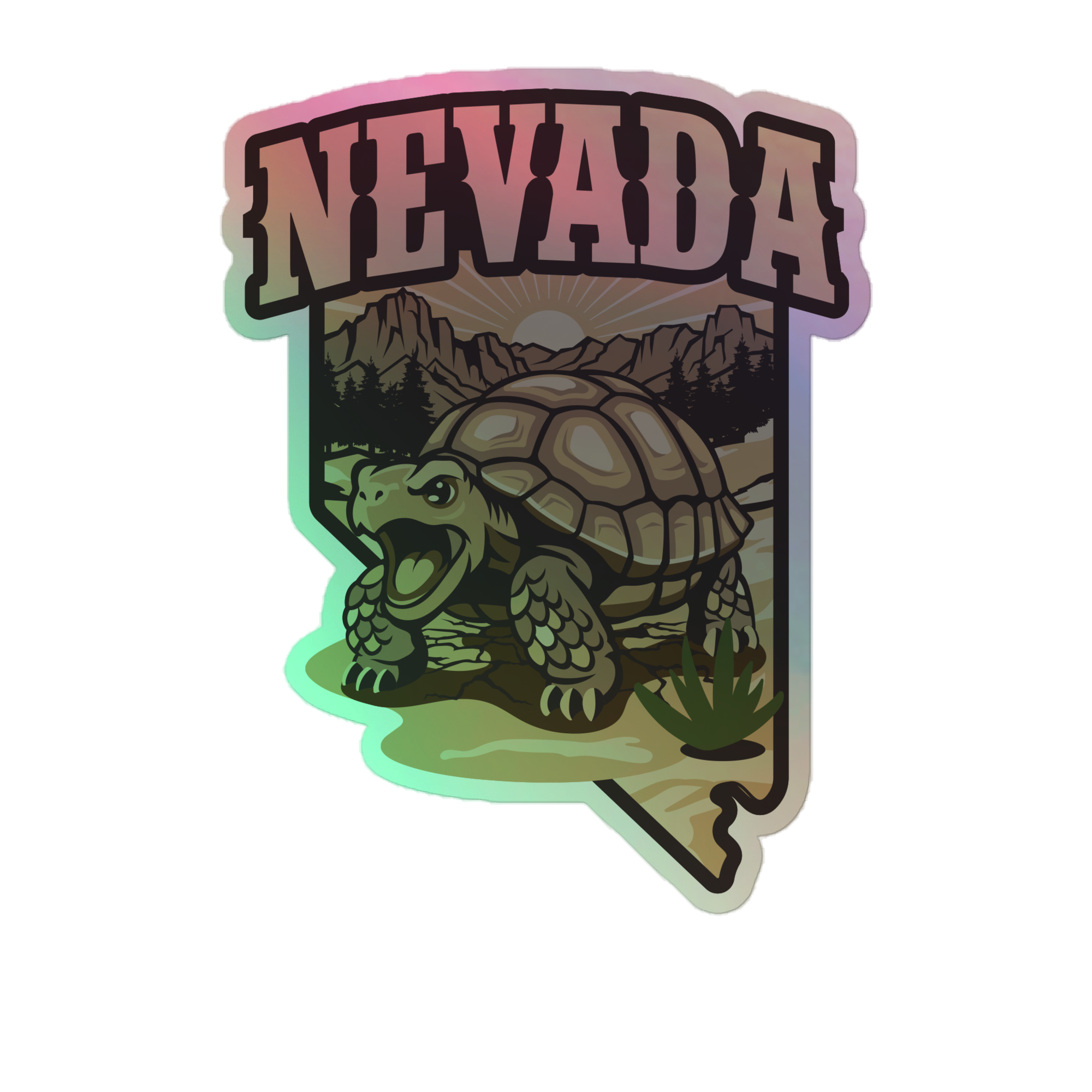 Detailed Nevada Desert Tortoise Durable Holographic Decal with a smiling desert tortoise, Nevada lettering, desert mountains, and eye-catching holographic shine — Nevada Desert Holographic Decal.