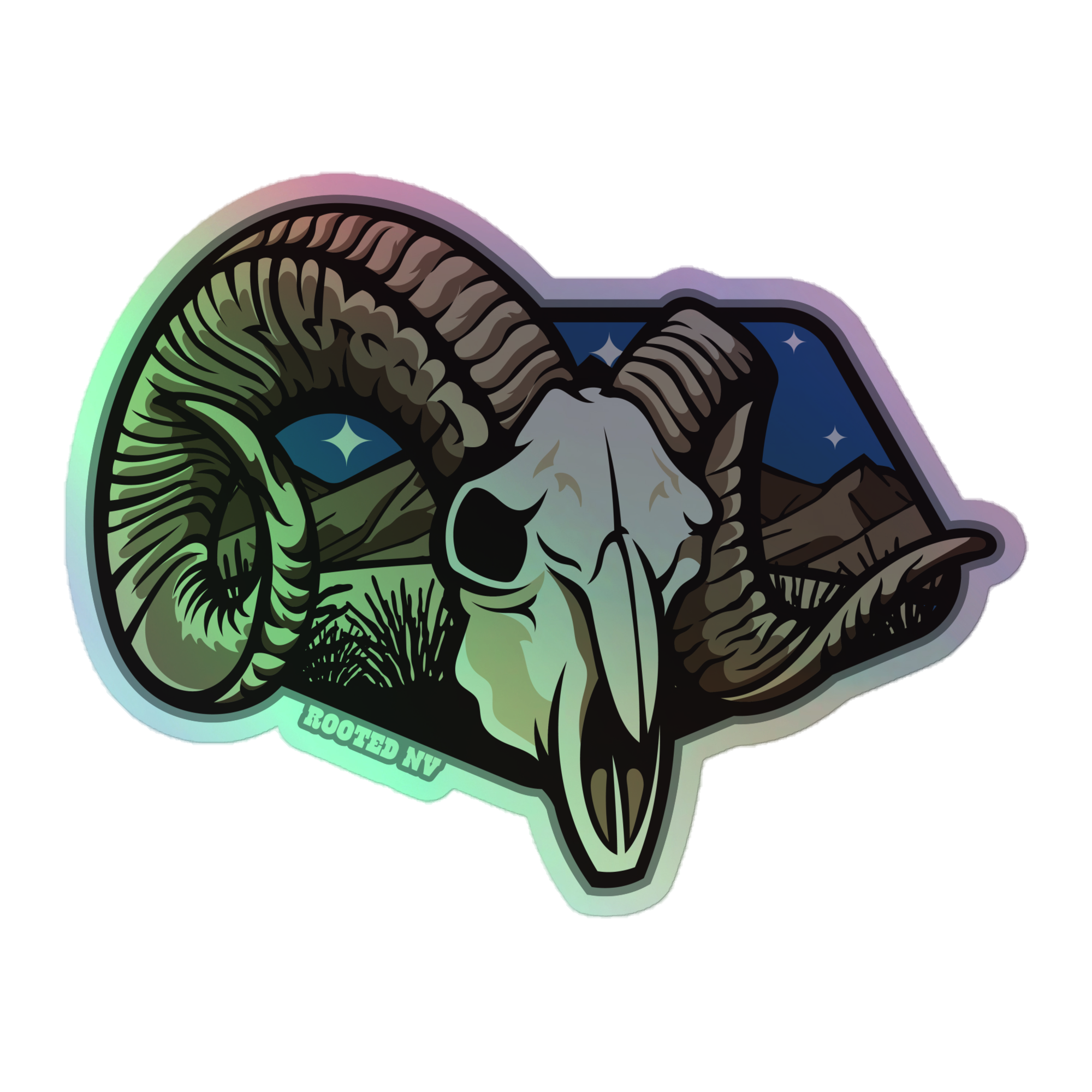 Nevada Desert Bighorn Durable Holographic Decal with an eye-catching bighorn sheep skull, Nevada desert landscape, and reflective holographic effect.