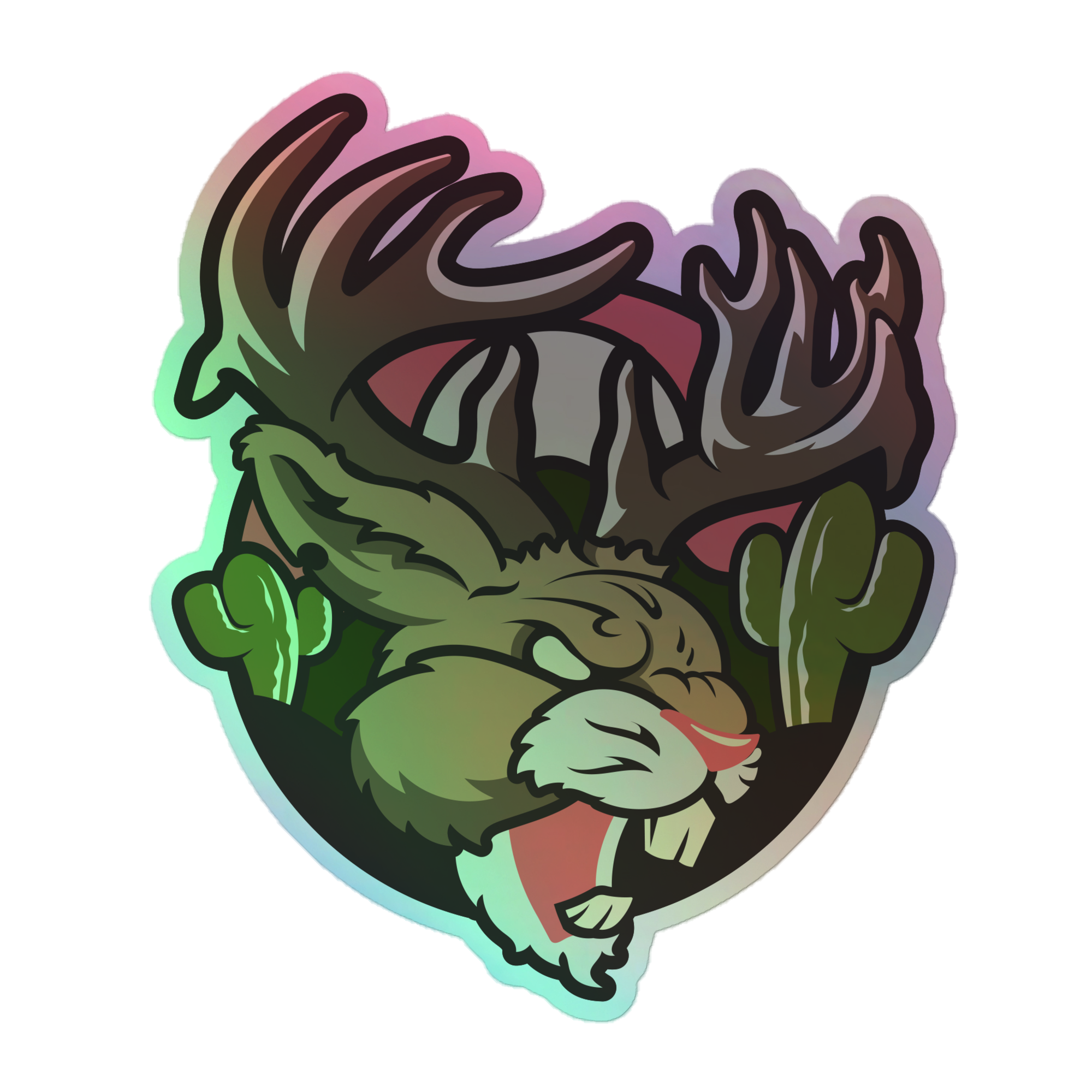Close-up of the Nevada Jackalope Durable Holographic Decal, showcasing a vivid cartoon jackalope with antlers and cacti; Nevada Jackalope Holographic Decal.