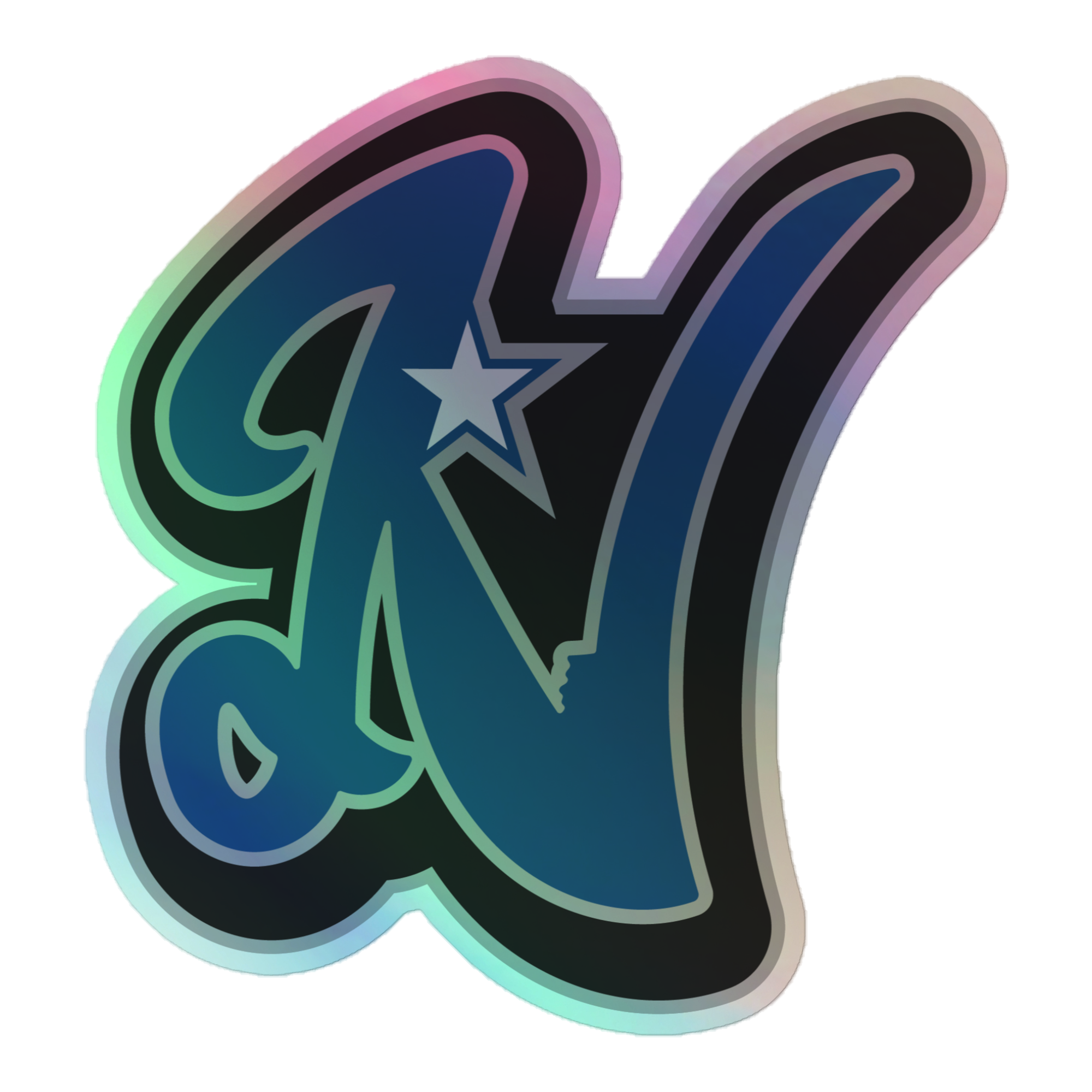 Rooted N Logo Durable Holographic Decal featuring a reflective holographic finish and bold Rooted N logo.