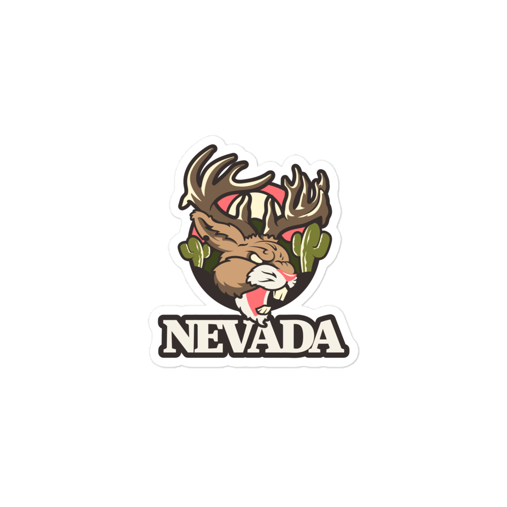 Jackalope Decals – Durable Nevada Vinyl Stickers For Water Bottles, Laptops & Bumpers featuring a colorful Nevada jackalope with antlers, desert cacti, and bold Nevada lettering.