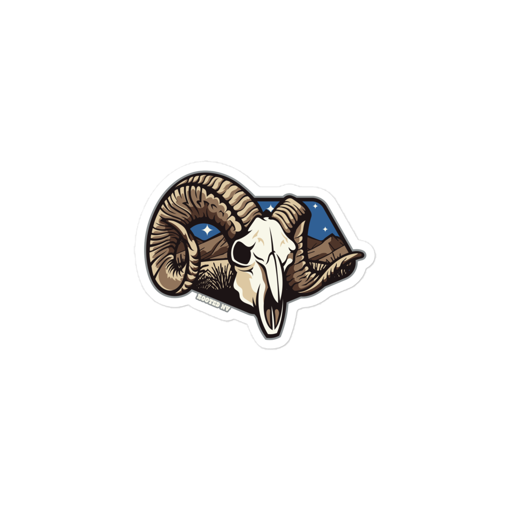 Nevada Desert Bighorn Durable Weather Resistant Decal featuring an illustrated desert bighorn sheep skull, rugged horns, mountains, and night sky; Nevada Desert Bighorn Decal for outdoor gear and vehicles