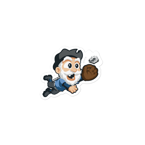 Nevada Claim Jumper Durable Weather Resistant Decal featuring a cheerful cartoon prospector in a miner’s hat diving to catch a silver nugget.