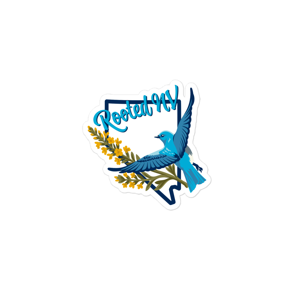 Nevada Bluebird Durable Weather Resistant Decal featuring a bluebird, wildflowers, and Rooted NV design; Nevada Bluebird Decal sticker