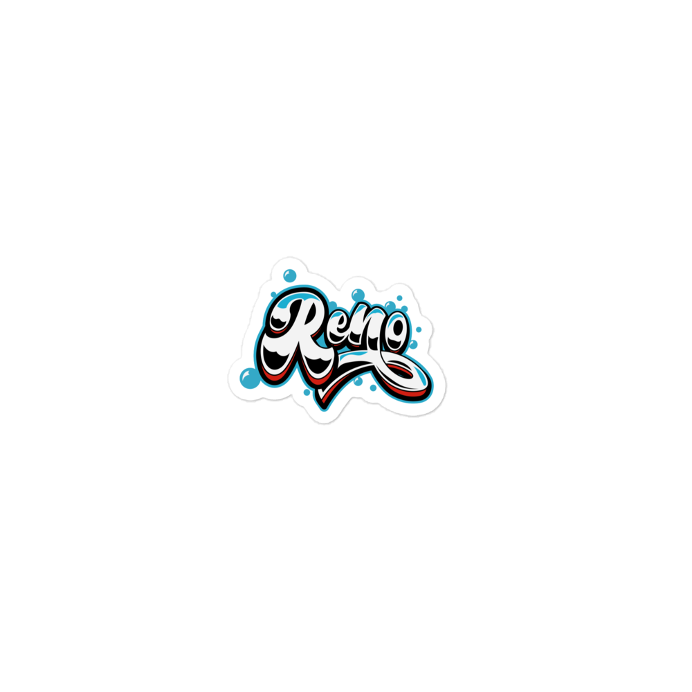 Reno Chrome Durable Weather Resistant Decal featuring bold chrome-style Reno lettering, 3 x 3 inch Reno Chrome Decal sticker