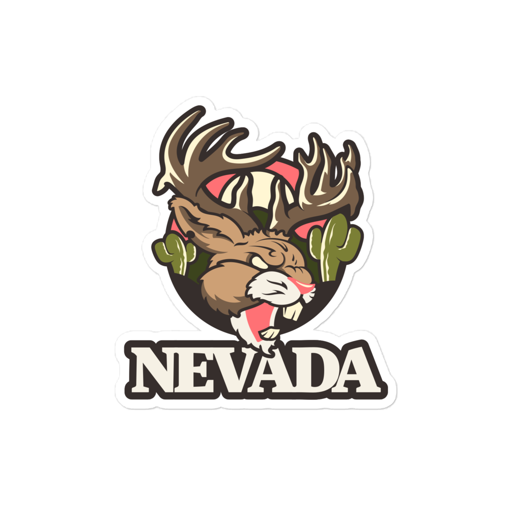 Jackalope Decals – Durable Nevada Vinyl Stickers For Water Bottles, Laptops & Bumpers showing a detailed antlered jackalope surrounded by desert cacti and Nevada text.