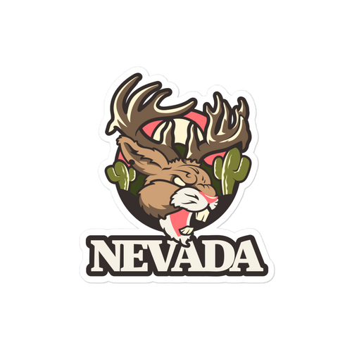 Jackalope Decals – Durable Nevada Vinyl Stickers For Water Bottles, Laptops & Bumpers showing a detailed antlered jackalope surrounded by desert cacti and Nevada text.